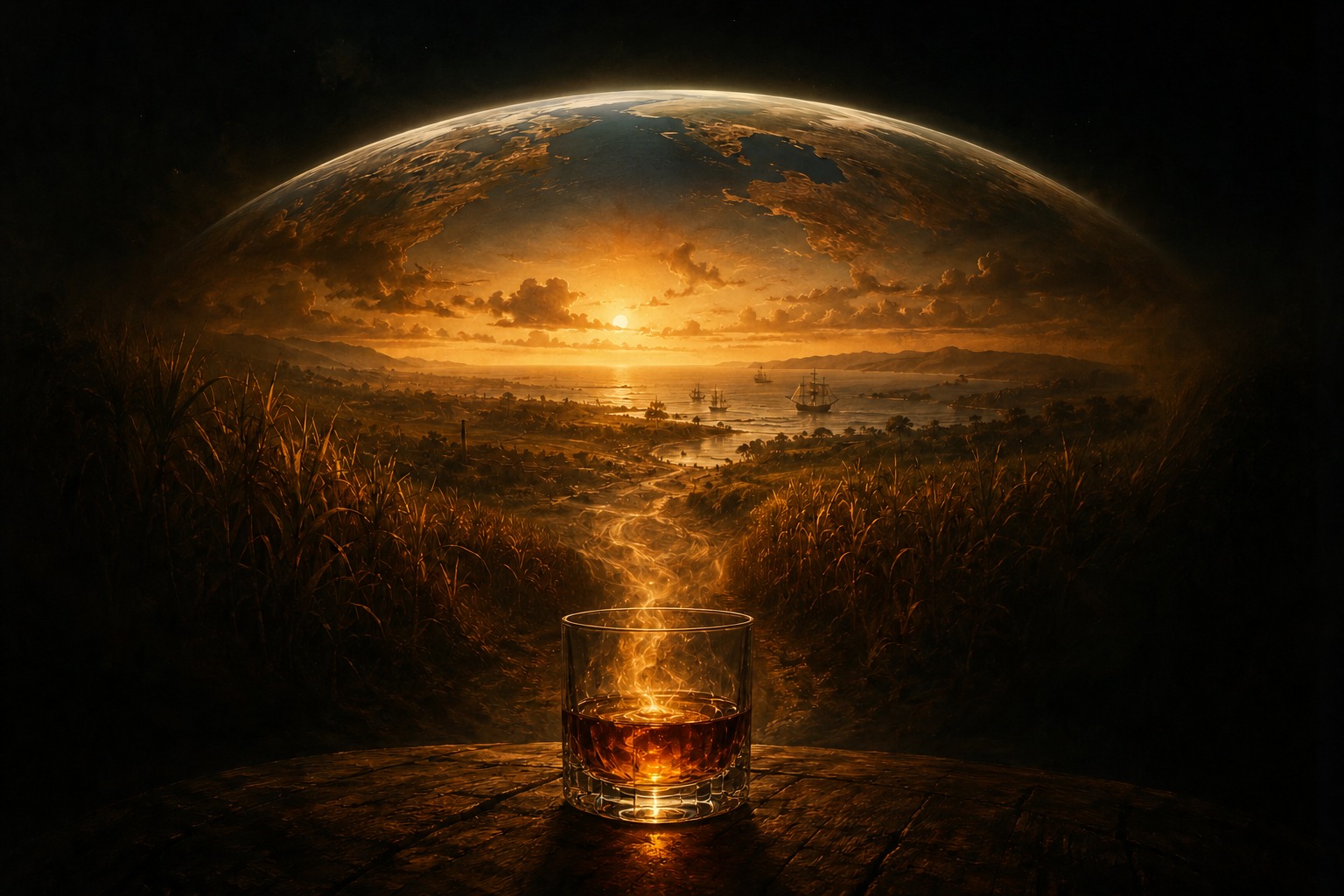 A glass of rum on a table, its light rising through sugarcane fields into the curve of a warm, glowing world.